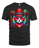 Retro Cowboy Cat Rainbow Shades Tee - black t-shirt on white background