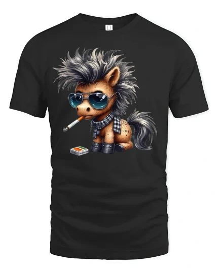 Funny Punk Pony Smoking Tee - black t-shirt on white background