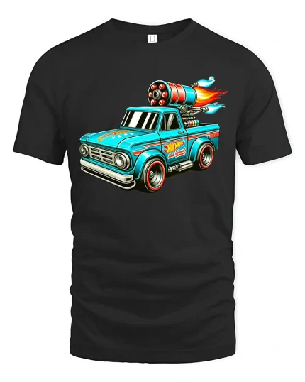 Rocket Truck Hot Rod Flames Tee - black t-shirt on white background