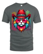 Retro Cowboy Cat Rainbow Shades Tee - gray t-shirt on white background