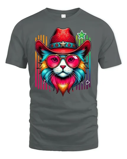 Retro Cowboy Cat Rainbow Shades Tee - gray t-shirt on white background