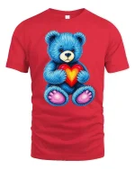 Cute Blue Teddy Bear Holding Heart T-Shirt - red t-shirt on white background