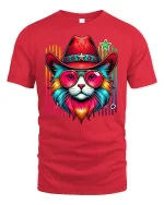 Retro Cowboy Cat Rainbow Shades Tee - red t-shirt on white background