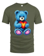 Cute Blue Teddy Bear Holding Heart T-Shirt - military green t-shirt on white background