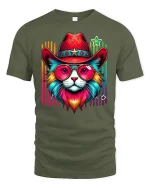 Retro Cowboy Cat Rainbow Shades Tee - military green t-shirt on white background