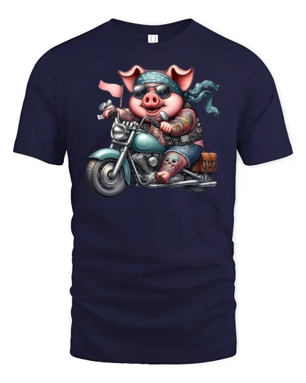 Funny Biker Pig Riding Motorcycle T-Shirt - navy t-shirt on white background