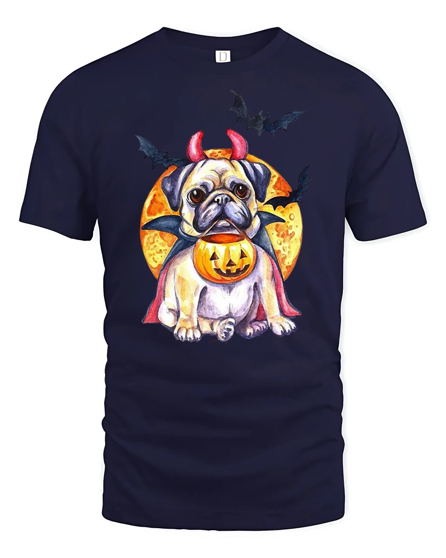Funny Halloween Pug Devil Tee - 1 Funny Halloween Pug Devil Tee - navy t-shirt on white background