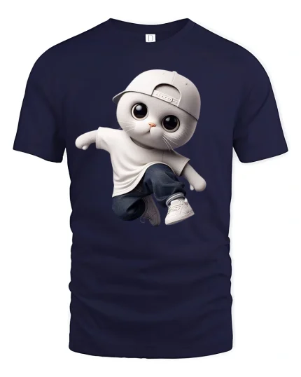 Cool Hip Hop Cat Streetwear Style T-Shirt - navy t-shirt on white background