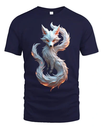 Mystic White Fox Fire Tail Tee - navy t-shirt on white background