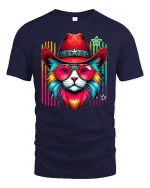 Retro Cowboy Cat Rainbow Shades Tee - navy t-shirt on white background