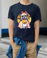 Funny Halloween Pug Devil Tee - model wearing Navy T-shirt, hands in pockets, denim shirt at waist