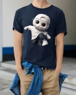 Cool Hip Hop Cat Streetwear Style T-Shirt - model wearing Navy T-shirt, hands in pockets, denim shirt at waist