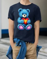 Cute Blue Teddy Bear Holding Heart T-Shirt - model wearing Navy T-shirt, hands in pockets, denim shirt at waist