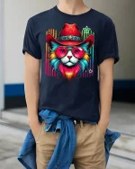 Retro Cowboy Cat Rainbow Shades Tee - model wearing Navy T-shirt, hands in pockets, denim shirt at waist