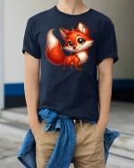 Cute Cartoon Fox Big Eyes Tee - model wearing Navy T-shirt, hands in pockets, denim shirt at waist