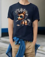 Funny Punk Pony Smoking Tee - model wearing Navy T-shirt, hands in pockets, denim shirt at waist