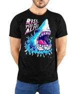 Rise Alive Shark Attack T-Shirt - model with hands behind back, wearing Black T-shirt and blue jeans
