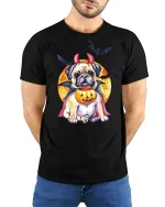 Funny Halloween Pug Devil Tee - model with hands behind back, wearing Black T-shirt and blue jeans