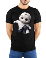 Cool Hip Hop Cat Streetwear Style T-Shirt - model with hands behind back, wearing Black T-shirt and blue jeans