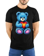 Cute Blue Teddy Bear Holding Heart T-Shirt - model with hands behind back, wearing Black T-shirt and blue jeans