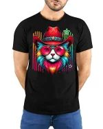 Retro Cowboy Cat Rainbow Shades Tee - model with hands behind back, wearing Black T-shirt and blue jeans