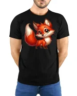 Cute Cartoon Fox Big Eyes Tee - model with hands behind back, wearing Black T-shirt and blue jeans