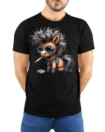 Funny Punk Pony Smoking Tee - model with hands behind back, wearing Black T-shirt and blue jeans