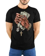 Money Power Bling Hands T-Shirt - model with hands behind back, wearing Black T-shirt and blue jeans