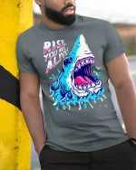 Rise Alive Shark Attack T-Shirt - model leaning on yellow-black pole, wearing Gray T-shirt, hand in pocket