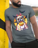 Funny Halloween Pug Devil Tee - model leaning on yellow-black pole, wearing Gray T-shirt, hand in pocket