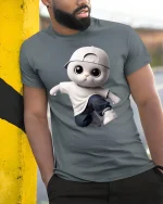 Cool Hip Hop Cat Streetwear Style T-Shirt - model leaning on yellow-black pole, wearing Gray T-shirt, hand in pocket