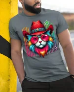 Retro Cowboy Cat Rainbow Shades Tee - model leaning on yellow-black pole, wearing Gray T-shirt, hand in pocket