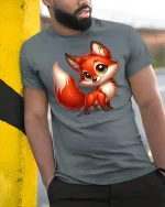 Cute Cartoon Fox Big Eyes Tee - model leaning on yellow-black pole, wearing Gray T-shirt, hand in pocket