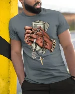 Money Power Bling Hands T-Shirt - model leaning on yellow-black pole, wearing Gray T-shirt, hand in pocket