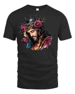 Jesus Crown of Thorns with Roses Tee - black t-shirt on white background