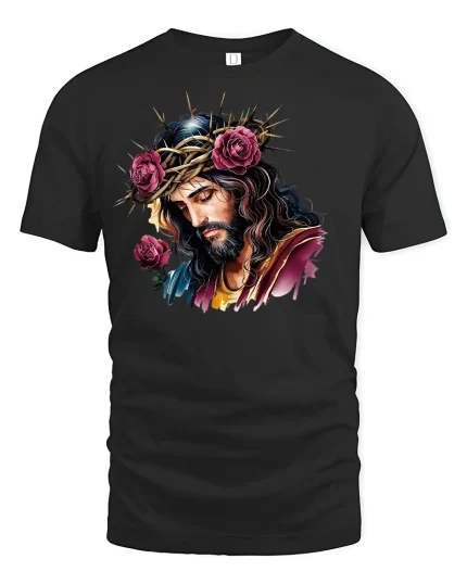 Jesus Crown of Thorns with Roses Tee - black t-shirt on white background