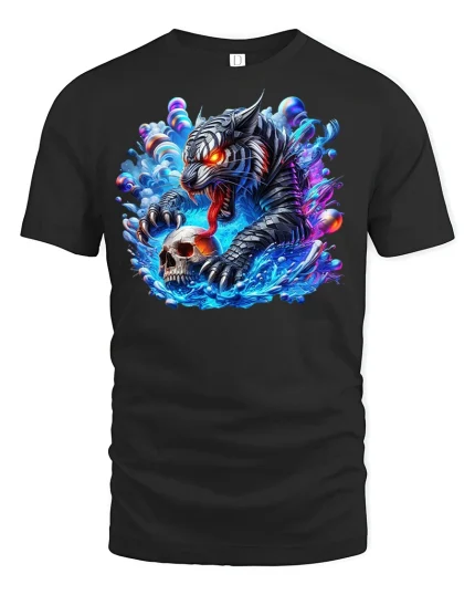 Fierce Tiger Skull Warrior Neon T-Shirt - black t-shirt on white background