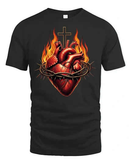 Sacred Heart Flame Cross Faith T-Shirt - black t-shirt on white background