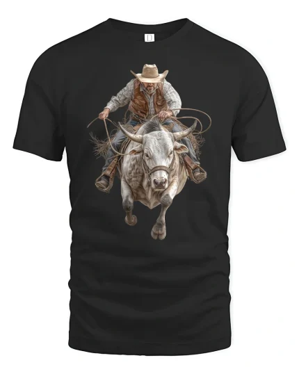 Cowboy Bull Rider Western Rodeo T-Shirt - black t-shirt on white background