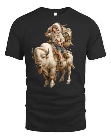 Native Buffalo Rider Tribal Spirit Tee - black t-shirt on white background