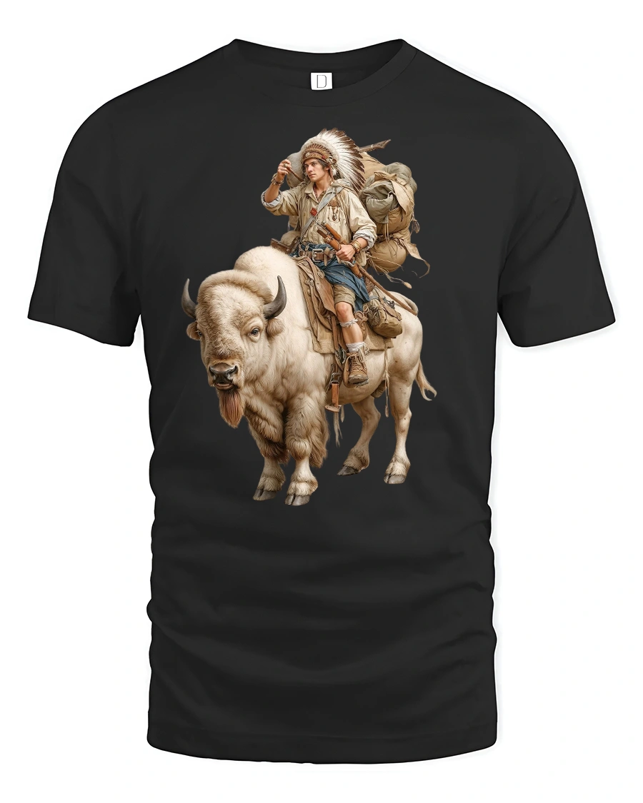 Native Buffalo Rider Tribal Spirit Tee - 1 Native Buffalo Rider Tribal Spirit Tee - black t-shirt on white background