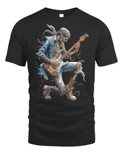 Rock Skeleton Guitarist Cool Band T-Shirt - black t-shirt on white background