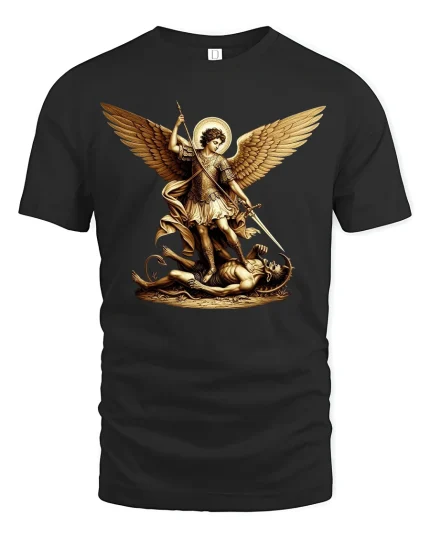 Archangel Warrior Defeating Demon Tee - black t-shirt on white background