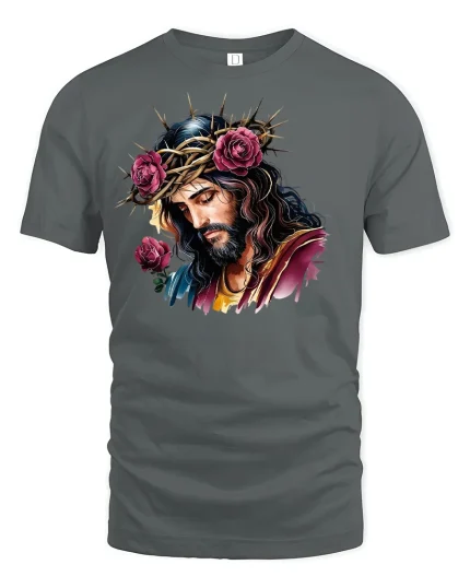 Jesus Crown of Thorns with Roses Tee - gray t-shirt on white background