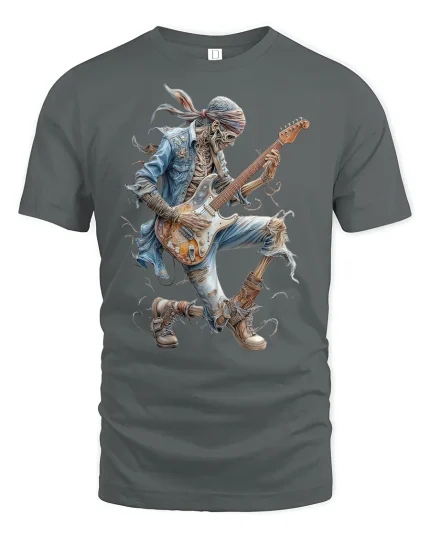 Rock Skeleton Guitarist Cool Band T-Shirt - gray t-shirt on white background