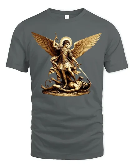 Archangel Warrior Defeating Demon Tee - gray t-shirt on white background