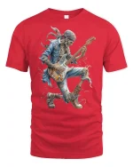 Rock Skeleton Guitarist Cool Band T-Shirt - red t-shirt on white background