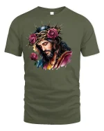 Jesus Crown of Thorns with Roses Tee - military green t-shirt on white background