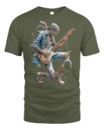 Rock Skeleton Guitarist Cool Band T-Shirt - military green t-shirt on white background