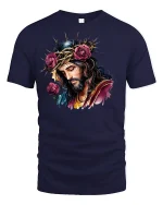 Jesus Crown of Thorns with Roses Tee - navy t-shirt on white background